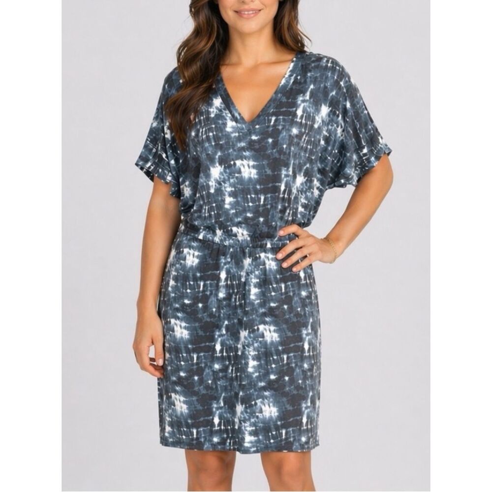Banana Republic Factory Navy Blue White Tie-Dye V-Neck Tshirt Dress M